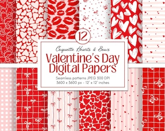 Valentine's Day Digital Paper: Red Hearts, Lips, Cute Checkered Coquette Bows, Cherries (Digital Download)