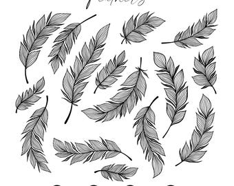 Black & White Feather Clipart Set | Hand Drawn Vector Line Art SVG for Boho Crafts | Digital Download