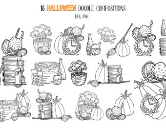 Halloween PNG Clipart Hand Drawn Doodles, EPS Design Elements Digital Download. Graphics for Party