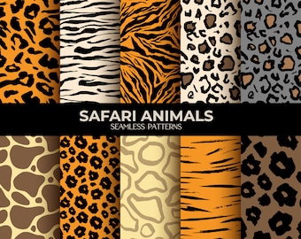 Safari Animal Prints Digital Paper Bundle - Seamless Patterns of Tiger, Cheetah, Leopard & Giraffe Skin - Printable Vector Set