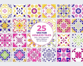 Pink Mosaic Tiles Vector Portuguese Azulejo Clipart. Moroccan Spanish Mediterranean Talavera Tile Stencil Printable Digital Download