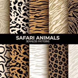 Safari Animal Prints Digital Papers Seamless Patterns Vector Bundle, Tiger Cheetah Leopard Giraffe Skin Printable Digital Download SET 2