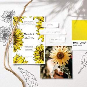 Puede incluir: Una invitaci&oacute;n de boda con girasoles amarillos y los nombres Maria Lo y Albert Wo. La invitaci&oacute;n est&aacute; sobre un fondo blanco con una muestra de color Pantone amarillo y las palabras "calidad", "gr&aacute;ficos vectoriales" y "patrones".
