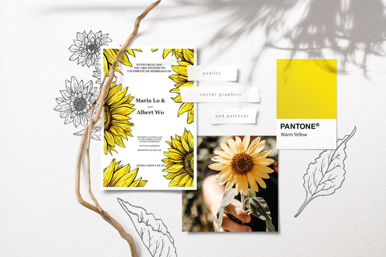 Puede incluir: Una invitaci&oacute;n de boda con girasoles amarillos y los nombres Maria Lo y Albert Wo. La invitaci&oacute;n est&aacute; sobre un fondo blanco con una muestra de color Pantone amarillo y las palabras "calidad", "gr&aacute;ficos vectoriales" y "patrones".
