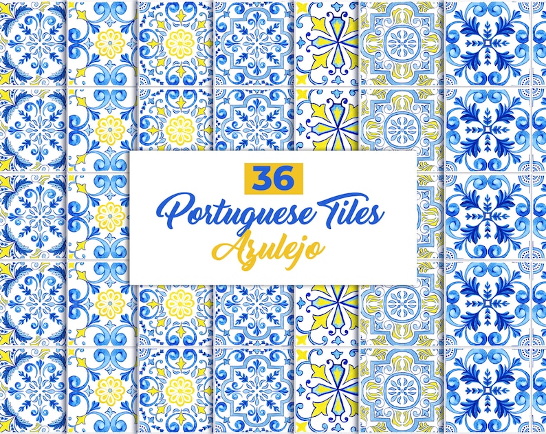 Portuguese Tiles Digital Paper. Azulejo Tile for Sublimation, Mosaic Spanish Majolica Scrapbook Paper. SET2 Digital Download image 5