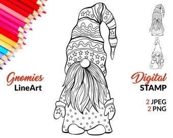 Christmas Gnomes PNG Digital Stamps, Black and White Coloring Page Jpeg with Santa Gnome. Digi Stamp Instant Download.