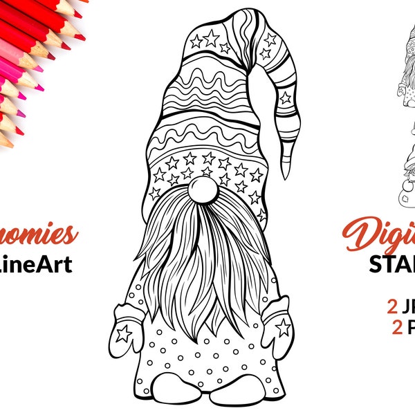 Christmas Gnomes PNG Digital Stamps, Black and White Coloring Page Jpeg with Santa Gnome. Digi Stamp Instant Download.