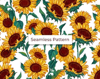 Sunflower Seamless Pattern PNG: Watercolor Floral Garden for Farmhouse Fabric Design JPEG (Digital Download)
