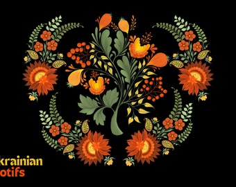 Ukrainian Petrykivka Traditional Ornamental Clipart PNG for Sublimation or Printables, Digital Download Art