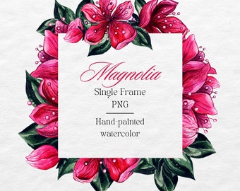 Watercolor Magnolia Single Frame Clipart Pink Floral Wreath Australian Flowers Arrangement Square Frame Wedding Invite Sublimation PNG
