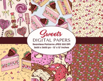 Cute Hand Drawn Sweets Digital Papers for Scrapbook, Fabric Textile. Donuts, Candy, Piece of Cake JPEG Seamless Patterns Birthday Background