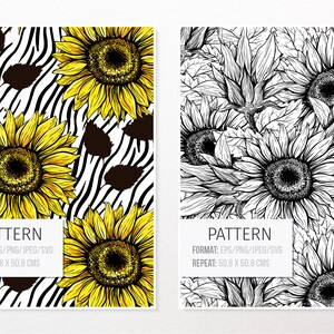 Puede incluir: Dos impresiones art&iacute;sticas con patrones de girasoles. Una presenta girasoles amarillos sobre un fondo de rayas de cebra en blanco y negro. La otra muestra un dise&ntilde;o detallado de girasoles en blanco y negro. Cada impresi&oacute;n tiene una repetici&oacute;n de 50,8 x 50,8 cm.