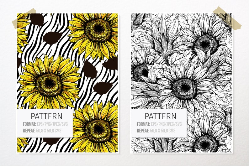 Puede incluir: Dos impresiones art&iacute;sticas con patrones de girasoles. Una presenta girasoles amarillos sobre un fondo de rayas de cebra en blanco y negro. La otra muestra un dise&ntilde;o detallado de girasoles en blanco y negro. Cada impresi&oacute;n tiene una repetici&oacute;n de 50,8 x 50,8 cm.
