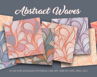 Abstract Waves Vector Seamless Patterns Line Art Pastel Color Wavy Lines Digital Papers Instant Download