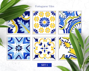 Portuguese Tiles Hand Painted Watercolor Clipart Antique Majolica Printable Wall Art Mosaic Tiles Talavera Spanish Tile Digital Download Art