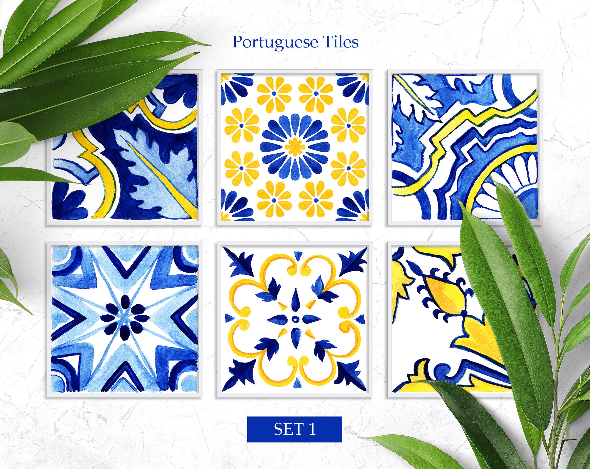 Portuguese Tiles Hand Painted Watercolor Clipart Antique | Etsy