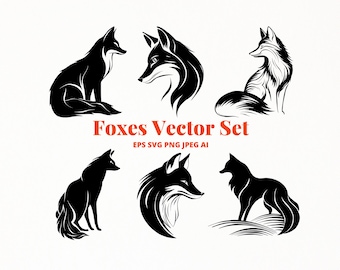Fox Silhouette SVG Set, Woodland Animal Art PNG Clipart Vector Logo (Digital Download)