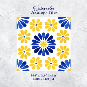 May include: Watercolor Azulejo Tiles, a seamless pattern of blue and yellow stylized flowers on a white background. The tile measures 14.6 inches by 14.6 inches (4400 x 4400 pixels).