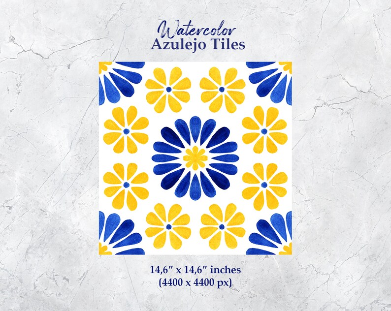 May include: Watercolor Azulejo Tiles, a seamless pattern of blue and yellow stylized flowers on a white background. The tile measures 14.6 inches by 14.6 inches (4400 x 4400 pixels).