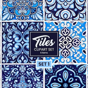 Op de afbeelding: Een verzameling van zes decoratieve tegels met ingewikkelde blauwe en witte bloempatronen. De tegels zijn gerangschikt in een raster, met een centraal vierkant met de tekst "Tiles Clipart Set 6 items" en "Set 1".