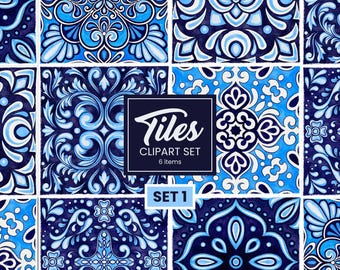 Azulejo Tile Clipart: Hand-Drawn Watercolor Mediterranean Tiles (Digital Download, PNG, JPEG, 12x12")