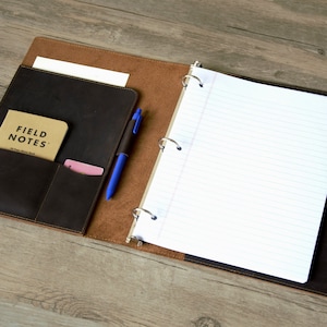 Carpeta de cuero de 3 anillas, compatible con papel de repuesto de 8,5 x 11 pulgadas (3 orificios), portafolio de cuero, folio comercial, cubierta de carpeta de cuero, organizador comercial