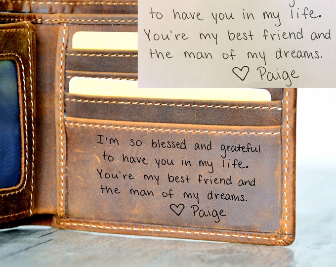 Cartera para hombre con escritura a mano, cartera con firma conmemorativa grabada, cartera para padrinos de boda, cartera marrón, regalo para el Día del Padre