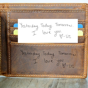 Cartera para hombre con escritura a mano, cartera con firma conmemorativa grabada, cartera para padrinos de boda, cartera marrón, regalo de Navidad, regalo del Día del Padre
