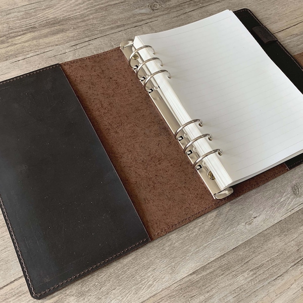 Organisateur en cuir personnalisé A5 Binder avec anneaux de 1,2 pouces, 6 anneaux de diamètre 30 mm grand anneau.Rechargeable, journal des voyageurs, carnet de croquis,