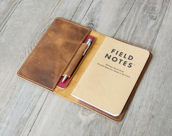 Handmade Leather Journal Cover with Pen Holder: Fits Field Notes & Moleskine (3.5" x 5.5")