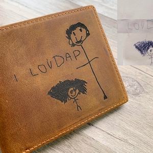 Cartera de hombre con escritura a mano, cartera con firma conmemorativa grabada, cartera con logotipo o foto, cartera con dibujo a mano, cartera marrón, regalo para papá.