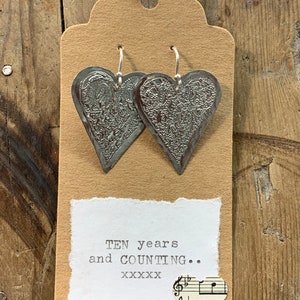 Upcycled Tin Earrings - Large embossed Heart - Tin/Tenth Anniversary