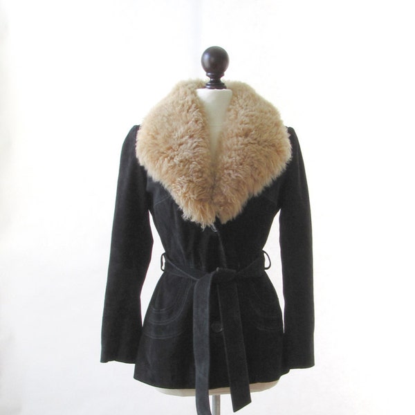 vintage 1970s black suede jacket with sheepskin collar