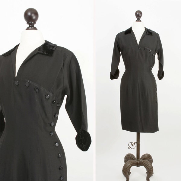 vintage 1950s dress <> 50s black dress with side button closure <> velvet cuffs and collar <> R&K Original