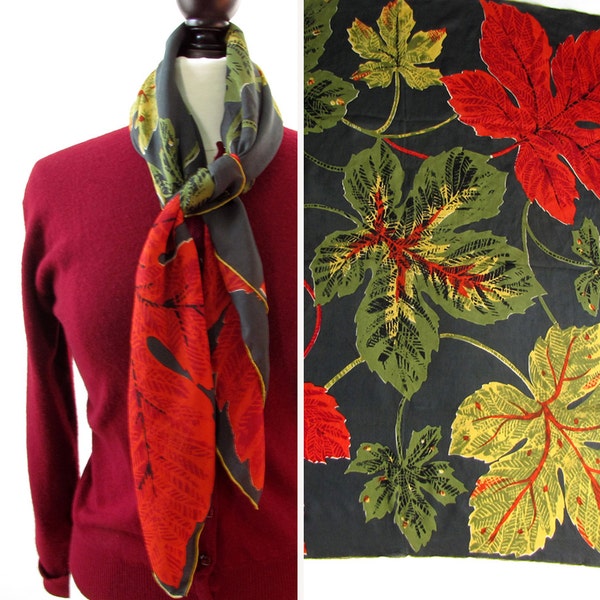 vintage 1940s scarf <> hand rolled pure silk <> bold leaf design <> designer Carol Stanley