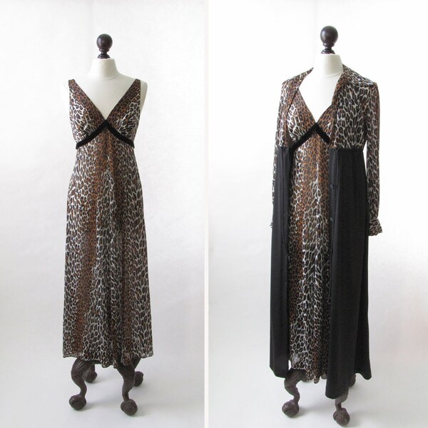 vintage 1970s Vanity Fair nightgown and matching coat set <> leopard print peignoir set