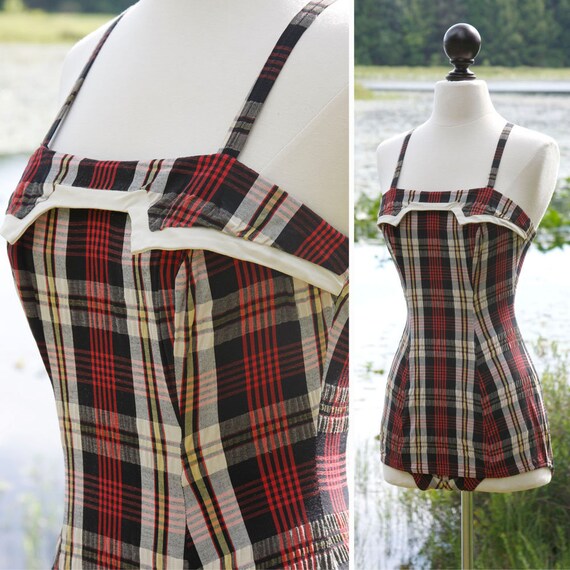 vintage 1950s bathing suit <> 50s plaid print swim