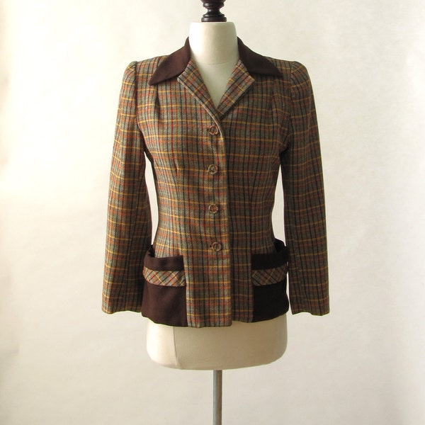 vintage 1940s ladies suit jacket <> multicolor plaid wool tweed <> designer Dorothy Ann