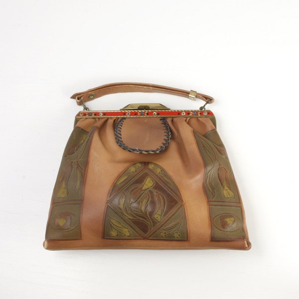 vintage 1920s leather purse <> art nouveau design <> arts and crafts era styling <> 20s handbag with adjustable strap