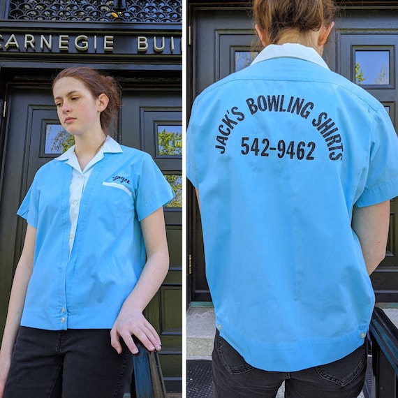 vintage 1960s womens bowling shirt <> 60s aqua 2-t