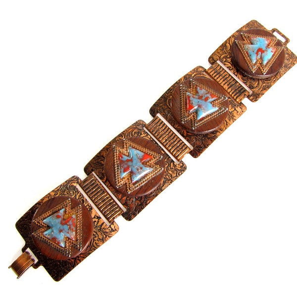 vintage 1950s bracelet <> copper embossed bracelet <> faux turquoise art glass and wood