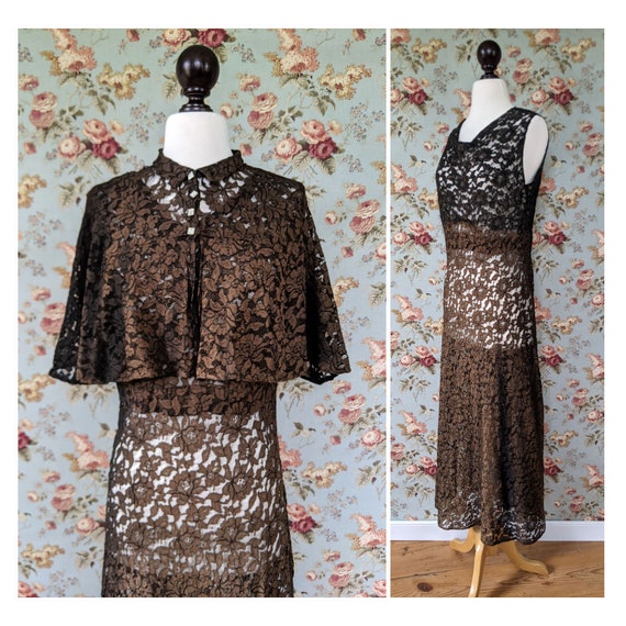 vintage AS IS 1930s faded black lace dress and cap