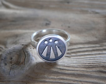 Silver Awen Ring - 4mm wide. Druid symbol. Top approx 15mm. I hand finish all my jewellery on Anglesey, once the stronghold of the Druids.