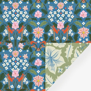 Blue & Green Floral Gift Wrapping Paper, Double Sided, Prairie, Made in USA, Recycled, Spring, Single Sheet, Birthday, Mothers Day, Easter