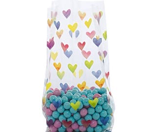 100 Cellophane Party Favor Candy Bags, Party Bags, Gift Bags, Confection Treat Bags, Soap Bags - Rainbow Hearts