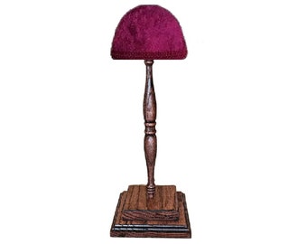 Handmade Victorian Style Solid Wooden Oak Milliners Hat Stand Dresser Display With Burgundy Velvet Top & Matching Trim