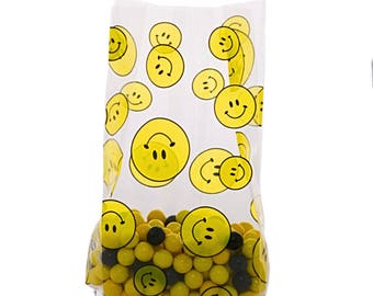 100 Cellophane Party Favor Candy Bags, Party Bags, Gift Bags, Snack Bags, Confection Treat Bags, Soap Bags - Smiley Face