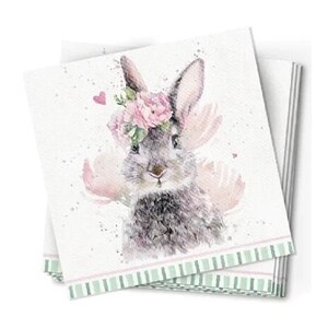 May include: A stack of white paper napkins with a watercolor illustration of a gray bunny wearing a pink flower crown. The bunny has pink ears and a pink nose. The napkins have a green and pink striped border.