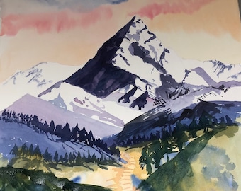 May include: Watercolor painting of a mountain range with a snow-capped peak. The mountain is painted in shades of purple, blue, and white. The foreground is a green valley with a path leading up to the mountain.