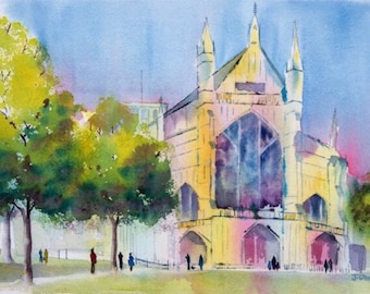 May include: A watercolor painting of a large, yellow building with tall, pointed towers. The building has a large, arched window with stained glass. There are trees in the foreground and people walking in front of the building.